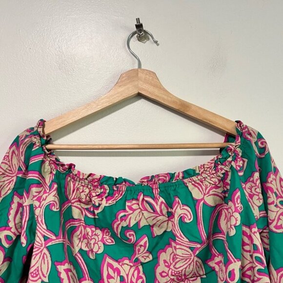 Flying Tomato Floral Boho Peasant Blouse Green Pink Cotton Size L - Picture 10 of 10